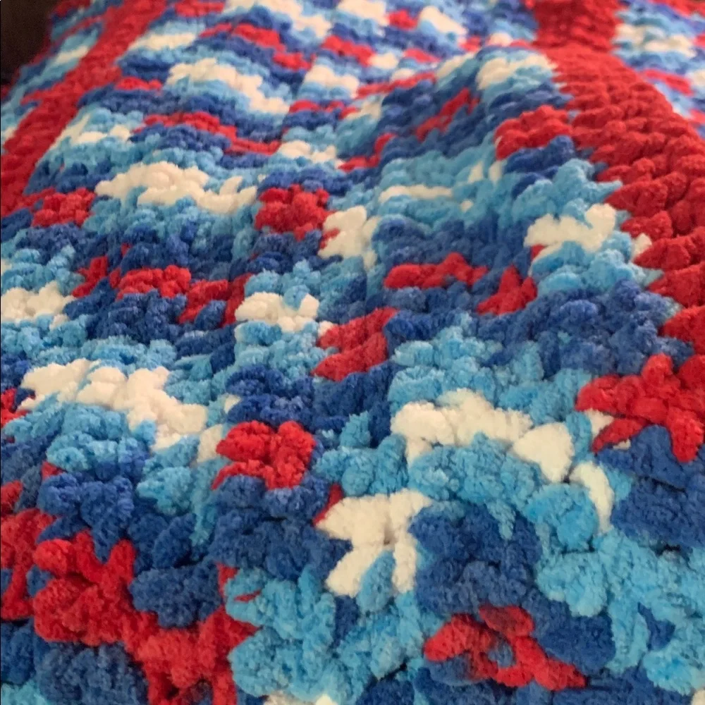 Colorful Red White Blue Handmade Crochet Blanket Afghan Apprx. 50x52 inches - Picture 11 of 16